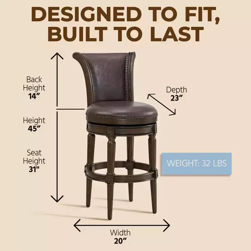 ROME + OAK Runyan 31 Swivel Bar Stool, High Back Barstool in Dark Walnut Finish with Vintage Brown Vegan Leather Seat, Set of 2