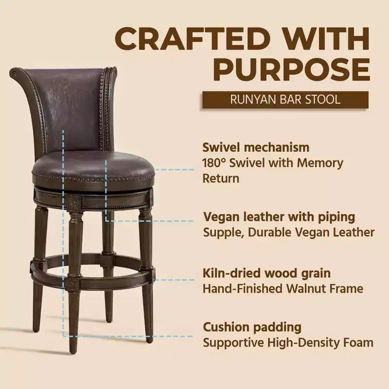 ROME + OAK Runyan 31 Swivel Bar Stool, High Back Barstool in Dark Walnut Finish with Vintage Brown Vegan Leather Seat, Set of 2