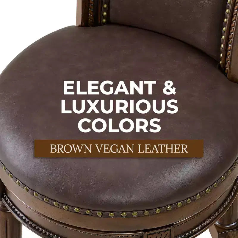 ROME + OAK Runyan 31 Swivel Bar Stool, High Back Barstool in Dark Walnut Finish with Vintage Brown Vegan Leather Seat, Set of 2