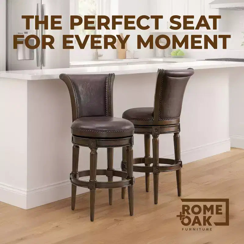 ROME + OAK Runyan 31 Swivel Bar Stool, High Back Barstool in Dark Walnut Finish with Vintage Brown Vegan Leather Seat, Set of 2