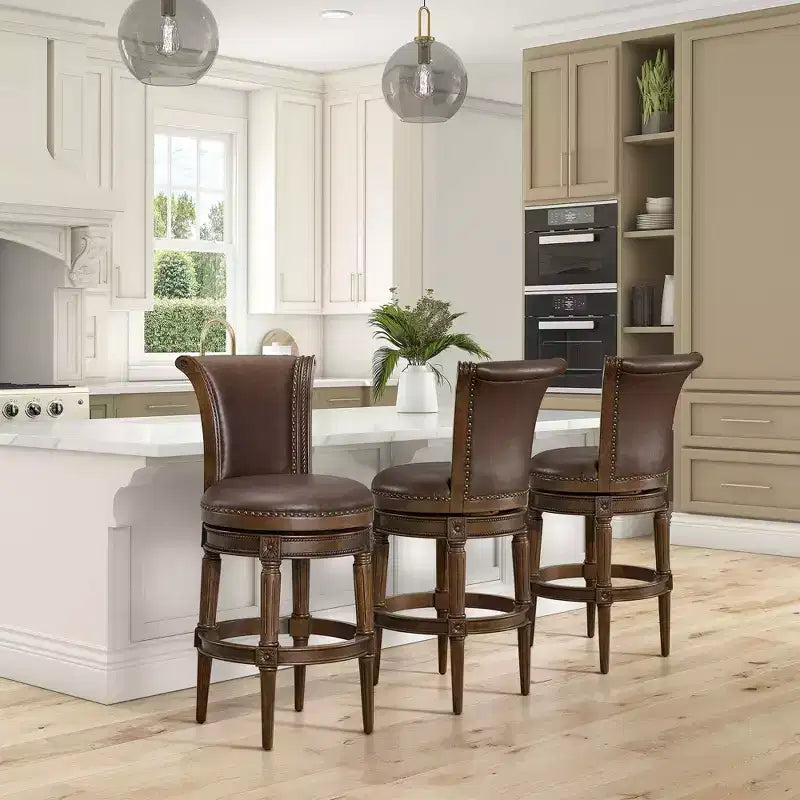 ROME + OAK Runyan 31 Swivel Bar Stool, High Back Barstool in Dark Walnut Finish with Vintage Brown Vegan Leather Seat, Set of 2