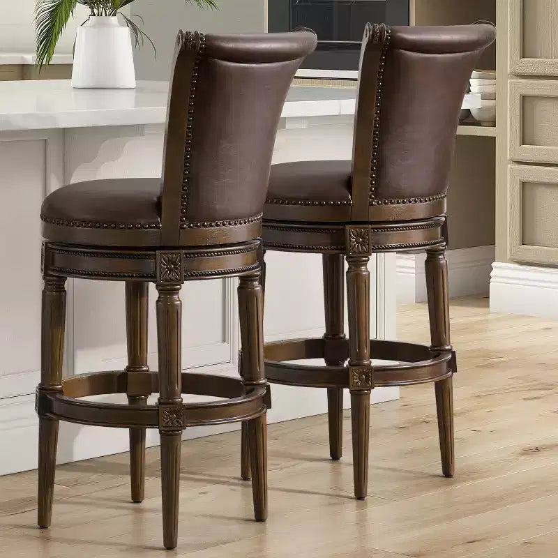 ROME + OAK Runyan 31 Swivel Bar Stool, High Back Barstool in Dark Walnut Finish with Vintage Brown Vegan Leather Seat, Set of 2