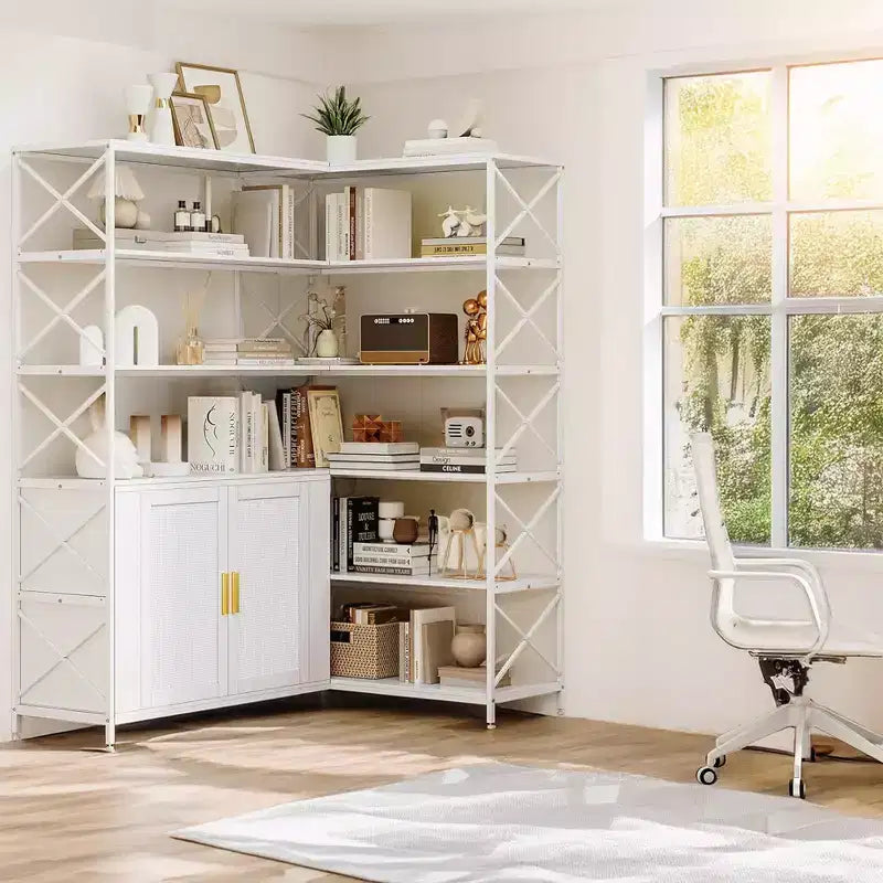 Corner Bookshelf with Storage, 6-Tier L-Shaped Bookcase with Drawers for Living Room and Home Office