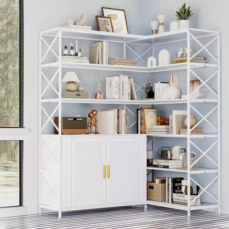 Corner Bookshelf with Storage, 6-Tier L-Shaped Bookcase with Drawers for Living Room and Home Office