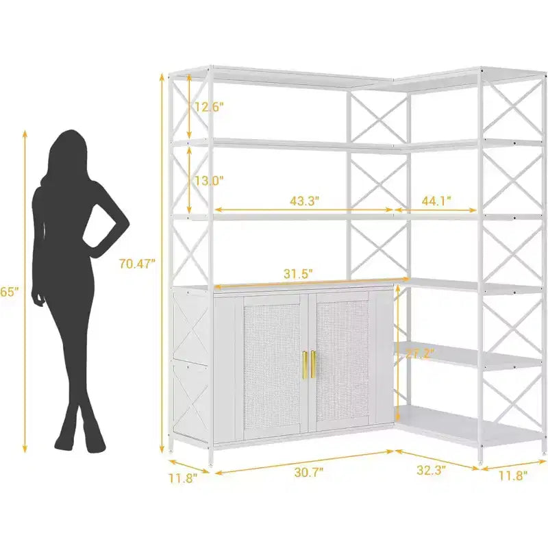 Corner Bookshelf with Storage, 6-Tier L-Shaped Bookcase with Drawers for Living Room and Home Office