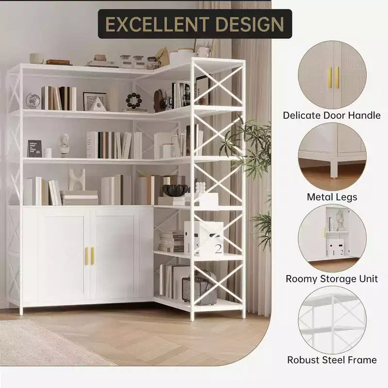 Corner Bookshelf with Storage, 6-Tier L-Shaped Bookcase with Drawers for Living Room and Home Office