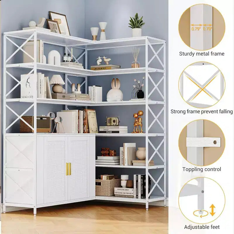 Corner Bookshelf with Storage, 6-Tier L-Shaped Bookcase with Drawers for Living Room and Home Office