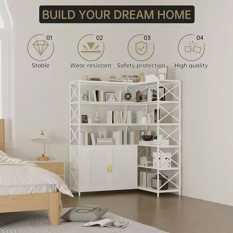 Corner Bookshelf with Storage, 6-Tier L-Shaped Bookcase with Drawers for Living Room and Home Office