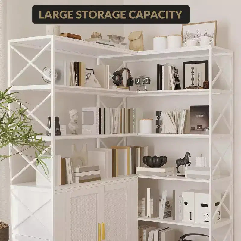 Corner Bookshelf with Storage, 6-Tier L-Shaped Bookcase with Drawers for Living Room and Home Office