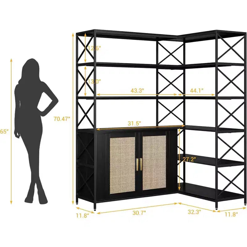 Corner Bookshelf with Storage, 6-Tier L-Shaped Bookcase with Drawers for Living Room and Home Office