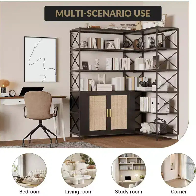 Corner Bookshelf with Storage, 6-Tier L-Shaped Bookcase with Drawers for Living Room and Home Office