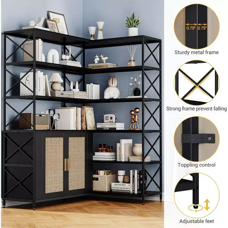 Corner Bookshelf with Storage, 6-Tier L-Shaped Bookcase with Drawers for Living Room and Home Office