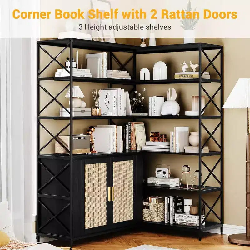 Corner Bookshelf with Storage, 6-Tier L-Shaped Bookcase with Drawers for Living Room and Home Office