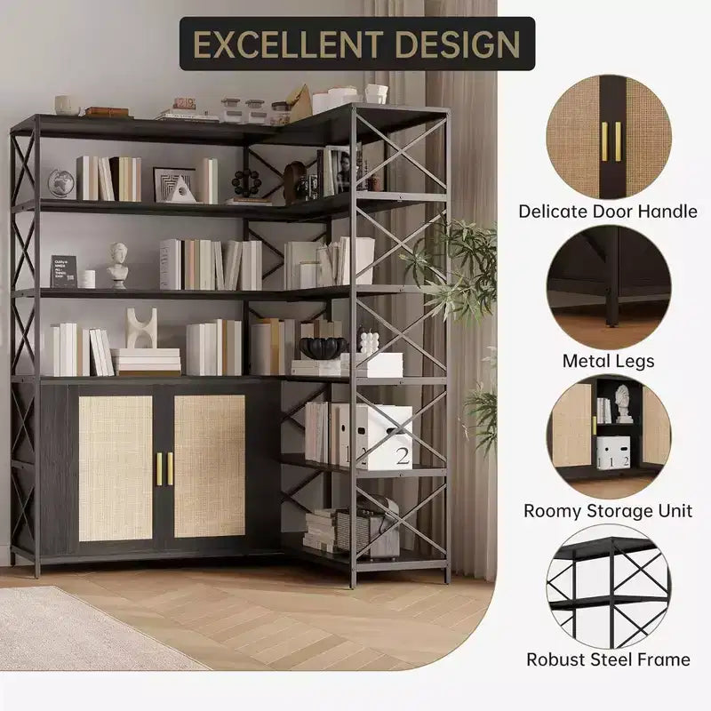 Corner Bookshelf with Storage, 6-Tier L-Shaped Bookcase with Drawers for Living Room and Home Office