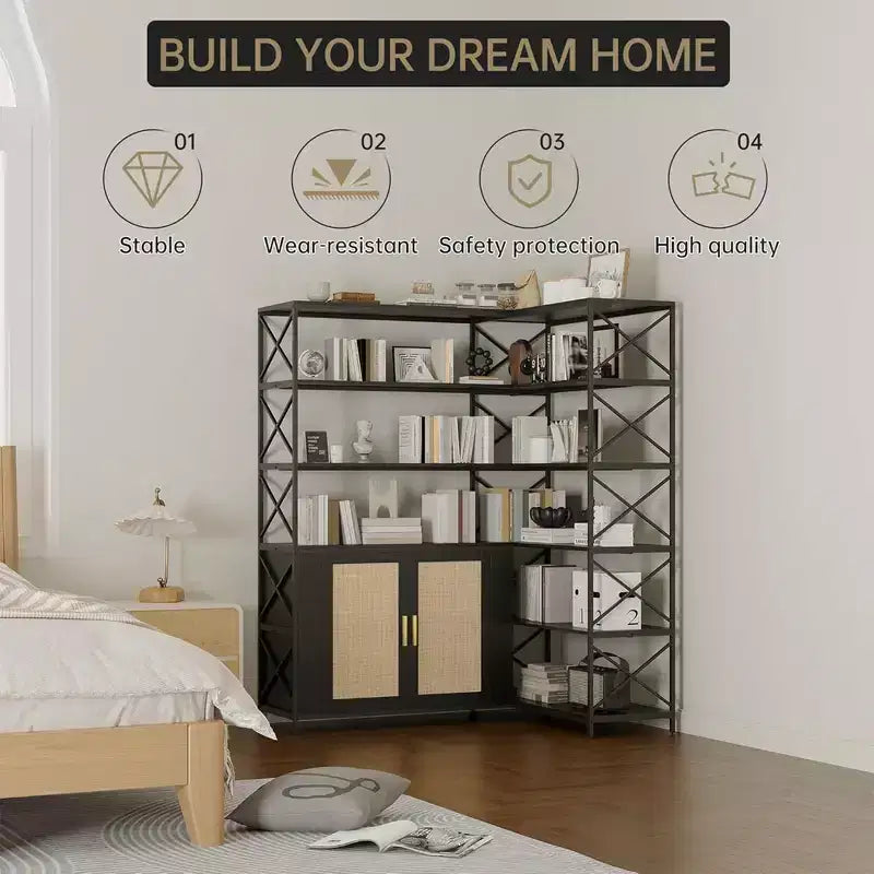 Corner Bookshelf with Storage, 6-Tier L-Shaped Bookcase with Drawers for Living Room and Home Office