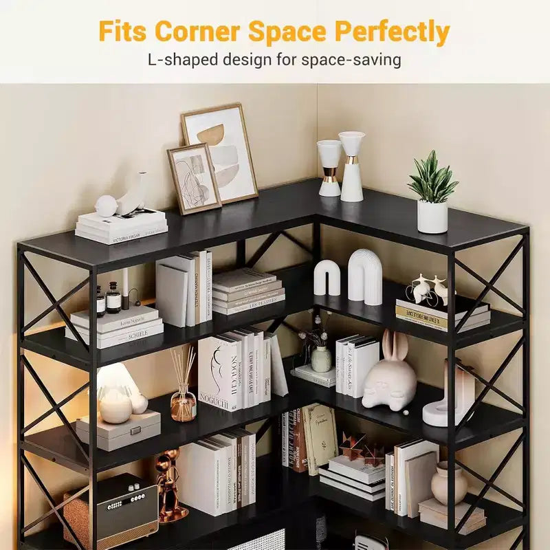 Corner Bookshelf with Storage, 6-Tier L-Shaped Bookcase with Drawers for Living Room and Home Office