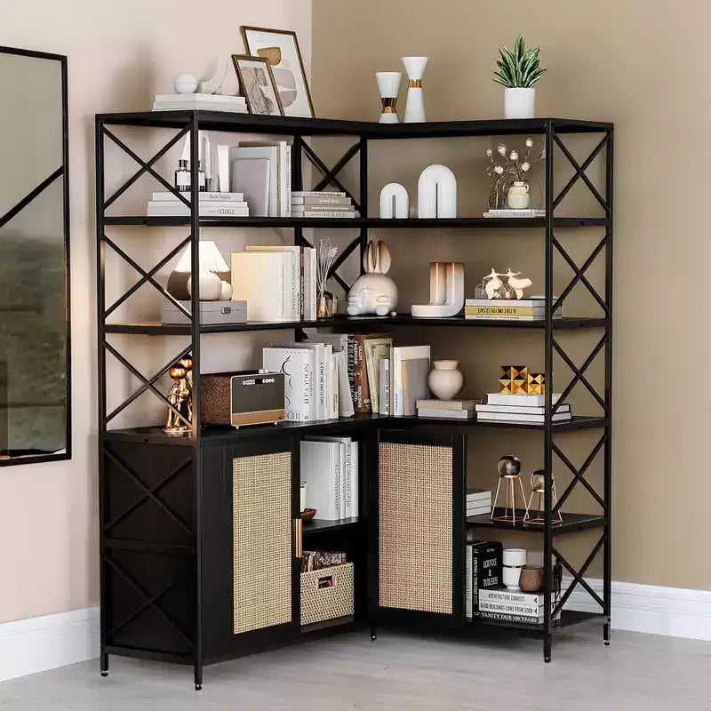 Corner Bookshelf with Storage, 6-Tier L-Shaped Bookcase with Drawers for Living Room and Home Office