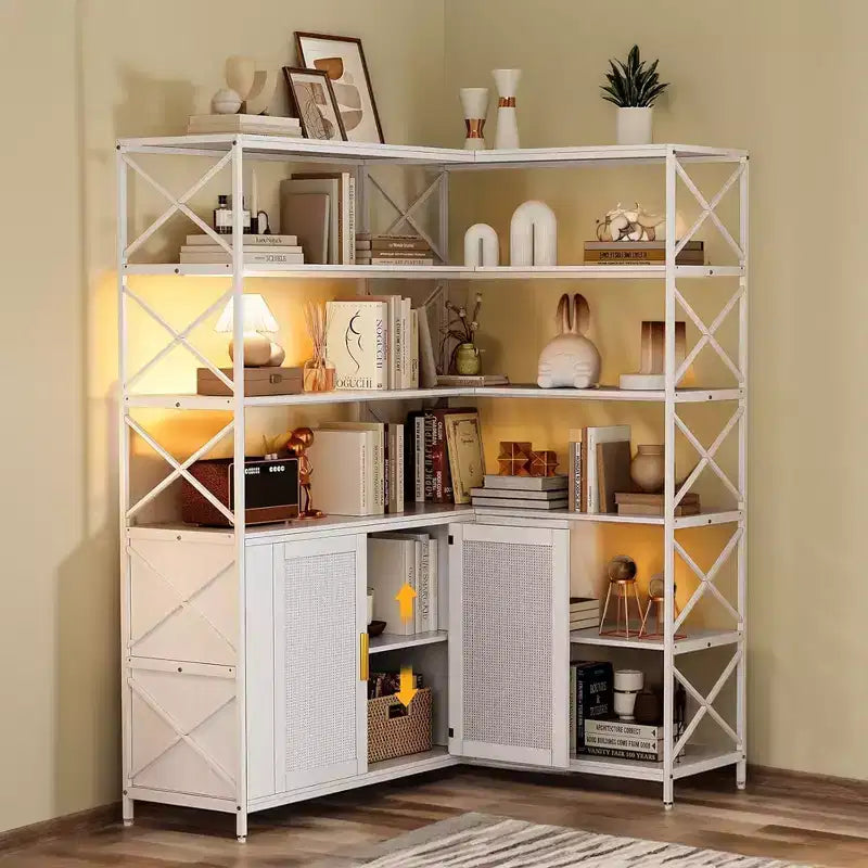 Corner Bookshelf with Storage, 6-Tier L-Shaped Bookcase with Drawers for Living Room and Home Office