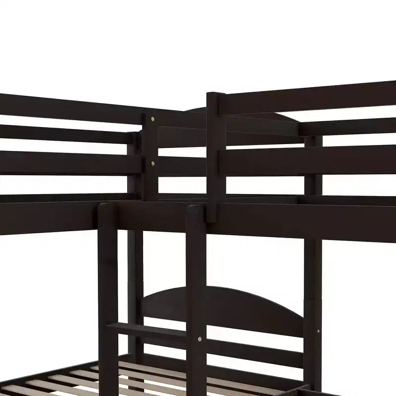 L-Shaped Twin Bunk Bed with Trundle for 4 Kids, Pine Wood Twin Size Bunk Bed Frame, Can be Separated into Two Beds