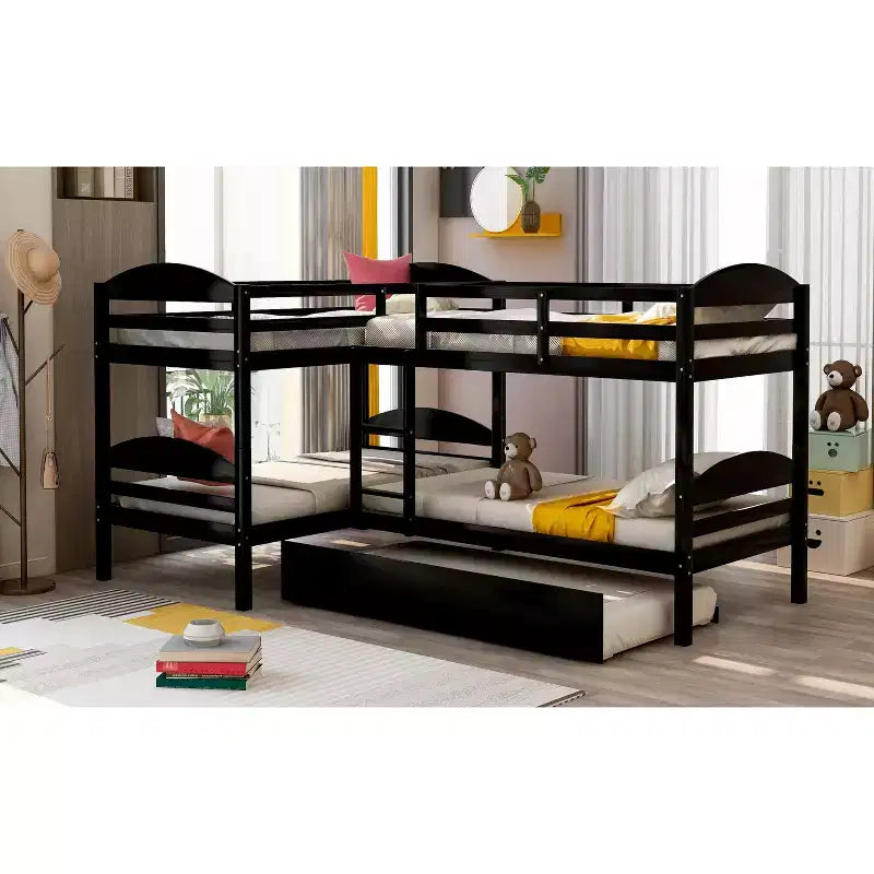 L-Shaped Twin Bunk Bed with Trundle for 4 Kids, Pine Wood Twin Size Bunk Bed Frame, Can be Separated into Two Beds