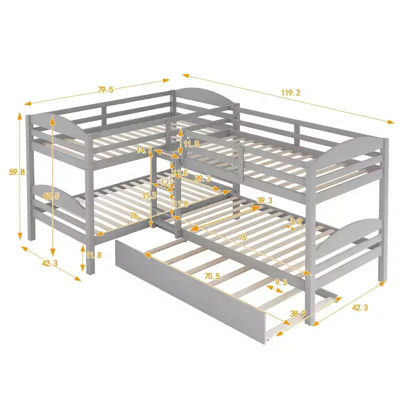 L-Shaped Twin Bunk Bed with Trundle for 4 Kids, Pine Wood Twin Size Bunk Bed Frame, Can be Separated into Two Beds