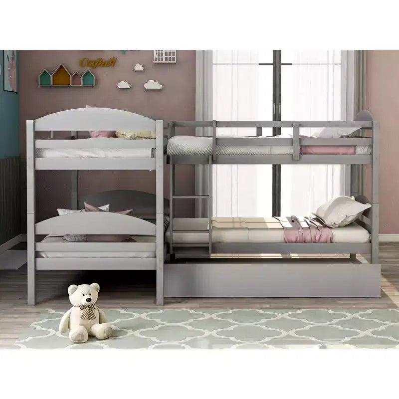 L-Shaped Twin Bunk Bed with Trundle for 4 Kids, Pine Wood Twin Size Bunk Bed Frame, Can be Separated into Two Beds