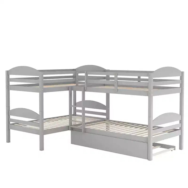 L-Shaped Twin Bunk Bed with Trundle for 4 Kids, Pine Wood Twin Size Bunk Bed Frame, Can be Separated into Two Beds