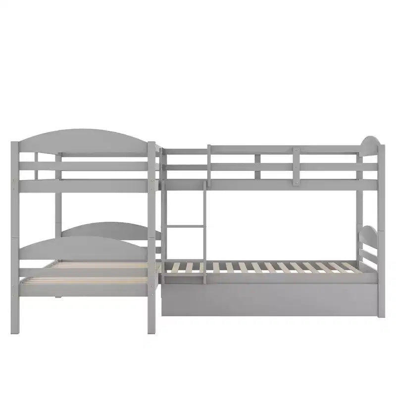 L-Shaped Twin Bunk Bed with Trundle for 4 Kids, Pine Wood Twin Size Bunk Bed Frame, Can be Separated into Two Beds