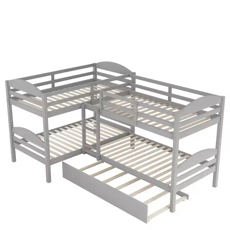 L-Shaped Twin Bunk Bed with Trundle for 4 Kids, Pine Wood Twin Size Bunk Bed Frame, Can be Separated into Two Beds
