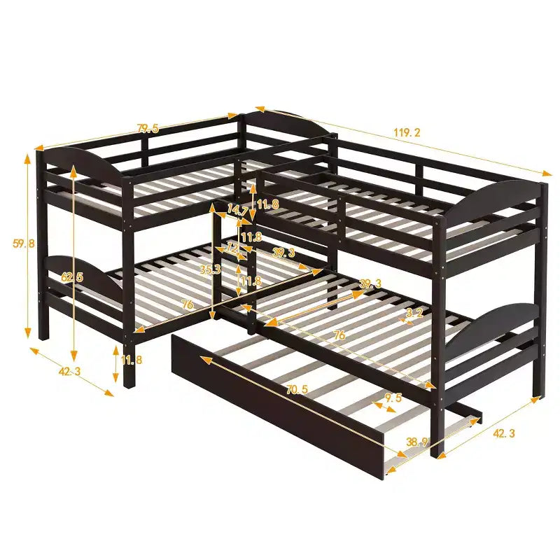 L-Shaped Twin Bunk Bed with Trundle for 4 Kids, Pine Wood Twin Size Bunk Bed Frame, Can be Separated into Two Beds