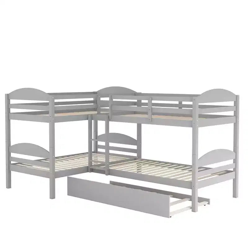 L-Shaped Twin Bunk Bed with Trundle for 4 Kids, Pine Wood Twin Size Bunk Bed Frame, Can be Separated into Two Beds
