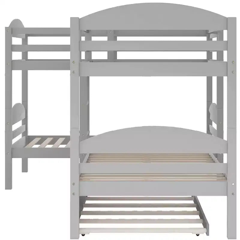 L-Shaped Twin Bunk Bed with Trundle for 4 Kids, Pine Wood Twin Size Bunk Bed Frame, Can be Separated into Two Beds