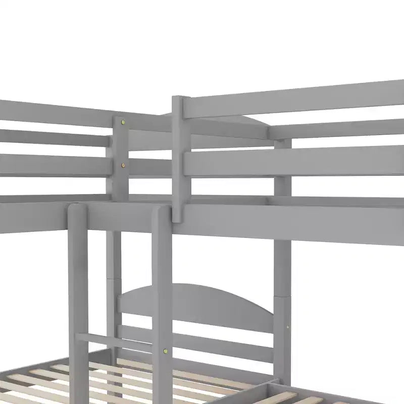 L-Shaped Twin Bunk Bed with Trundle for 4 Kids, Pine Wood Twin Size Bunk Bed Frame, Can be Separated into Two Beds