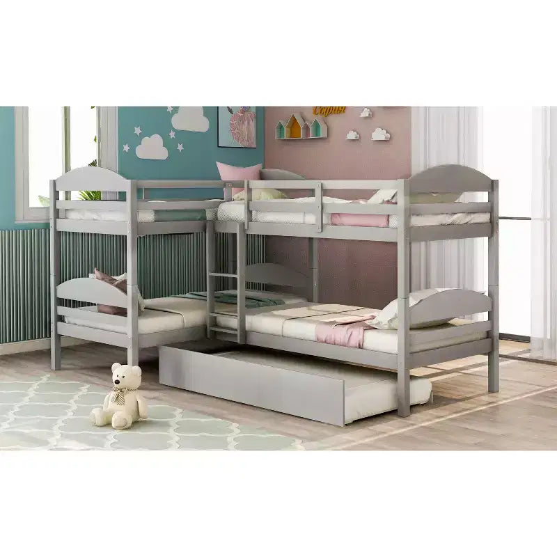 L-Shaped Twin Bunk Bed with Trundle for 4 Kids, Pine Wood Twin Size Bunk Bed Frame, Can be Separated into Two Beds
