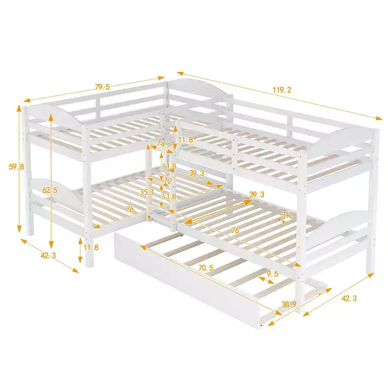L-Shaped Twin Bunk Bed with Trundle for 4 Kids, Pine Wood Twin Size Bunk Bed Frame, Can be Separated into Two Beds