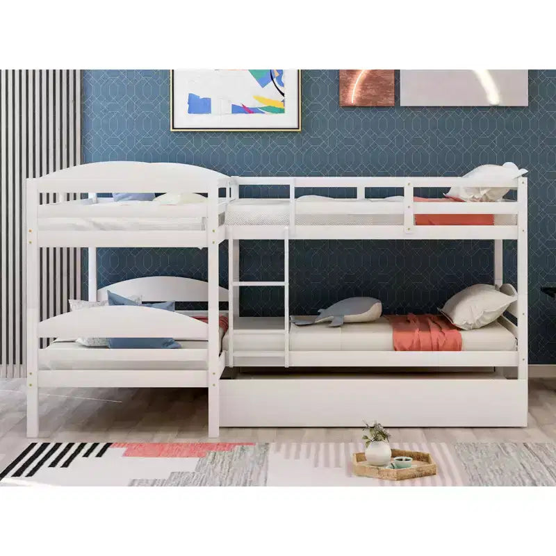L-Shaped Twin Bunk Bed with Trundle for 4 Kids, Pine Wood Twin Size Bunk Bed Frame, Can be Separated into Two Beds