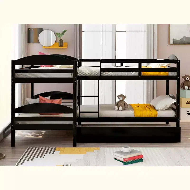 L-Shaped Twin Bunk Bed with Trundle for 4 Kids, Pine Wood Twin Size Bunk Bed Frame, Can be Separated into Two Beds