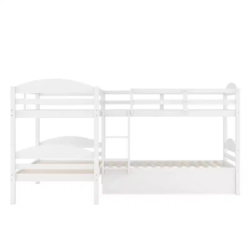 L-Shaped Twin Bunk Bed with Trundle for 4 Kids, Pine Wood Twin Size Bunk Bed Frame, Can be Separated into Two Beds