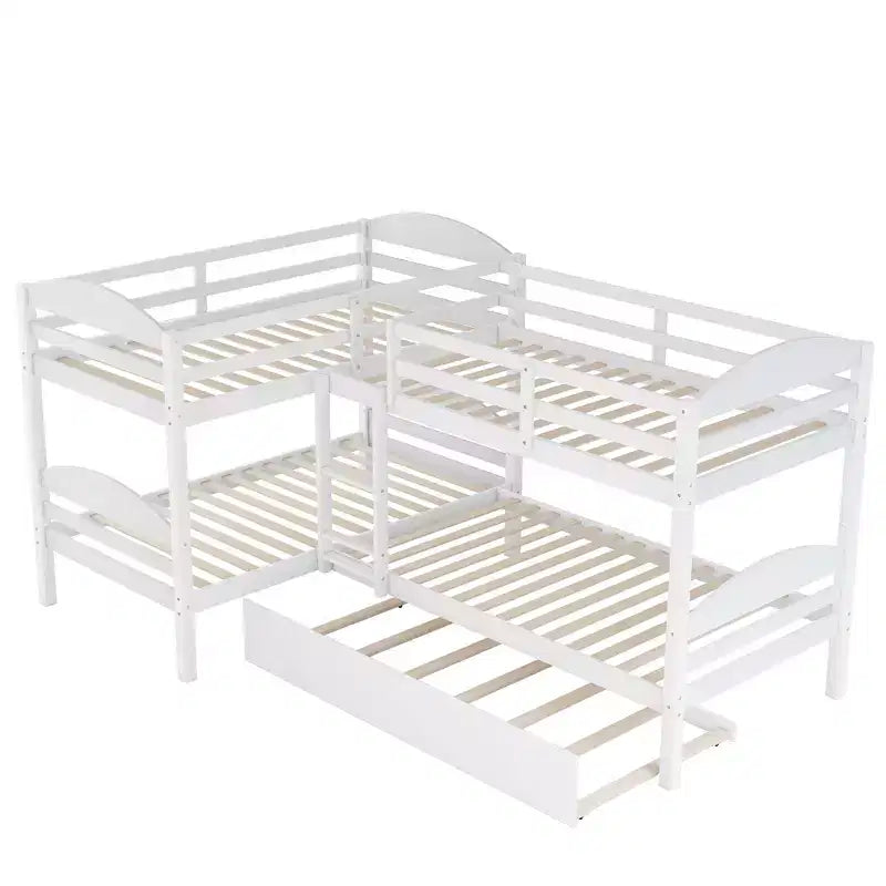 L-Shaped Twin Bunk Bed with Trundle for 4 Kids, Pine Wood Twin Size Bunk Bed Frame, Can be Separated into Two Beds