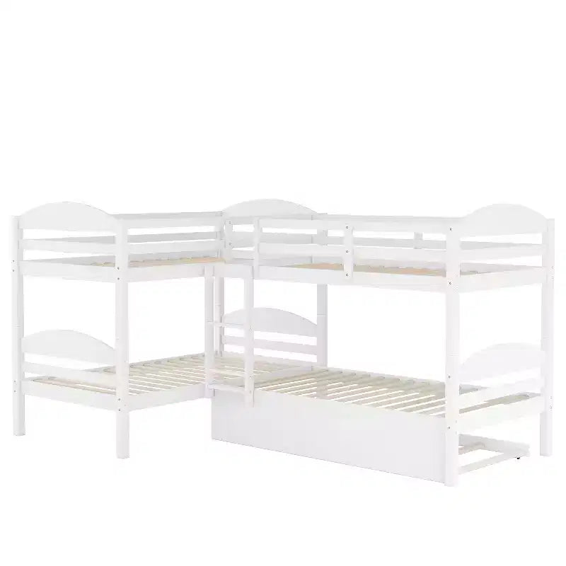 L-Shaped Twin Bunk Bed with Trundle for 4 Kids, Pine Wood Twin Size Bunk Bed Frame, Can be Separated into Two Beds