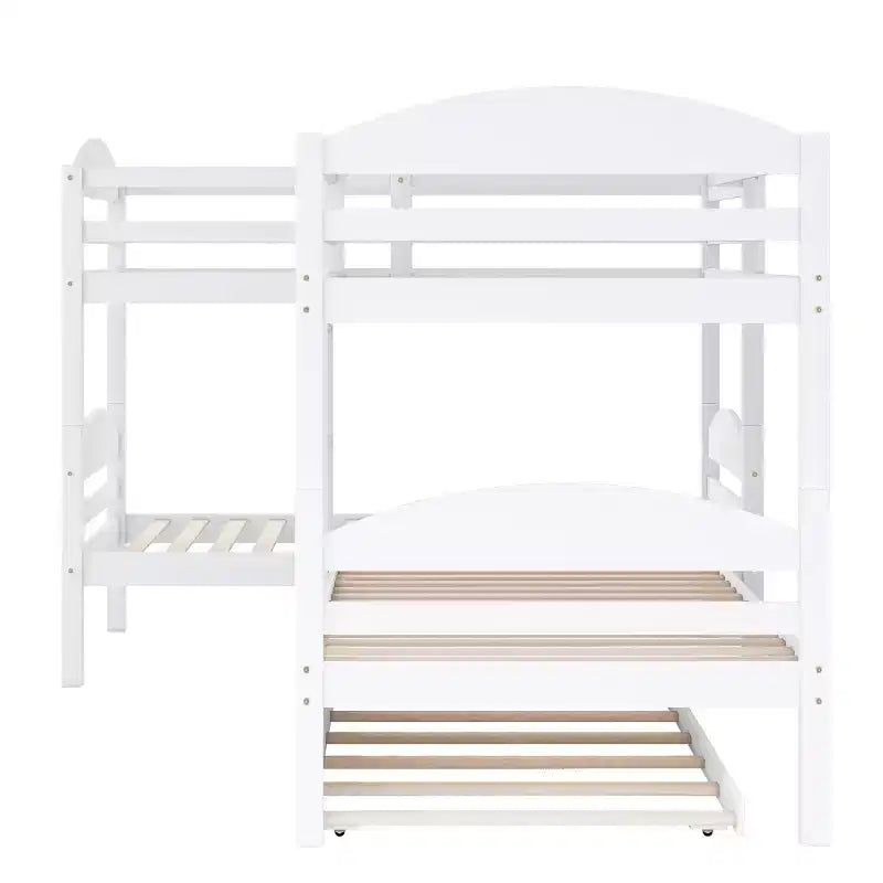 L-Shaped Twin Bunk Bed with Trundle for 4 Kids, Pine Wood Twin Size Bunk Bed Frame, Can be Separated into Two Beds