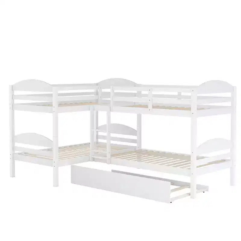 L-Shaped Twin Bunk Bed with Trundle for 4 Kids, Pine Wood Twin Size Bunk Bed Frame, Can be Separated into Two Beds