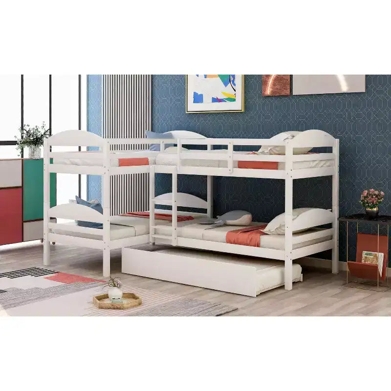 L-Shaped Twin Bunk Bed with Trundle for 4 Kids, Pine Wood Twin Size Bunk Bed Frame, Can be Separated into Two Beds