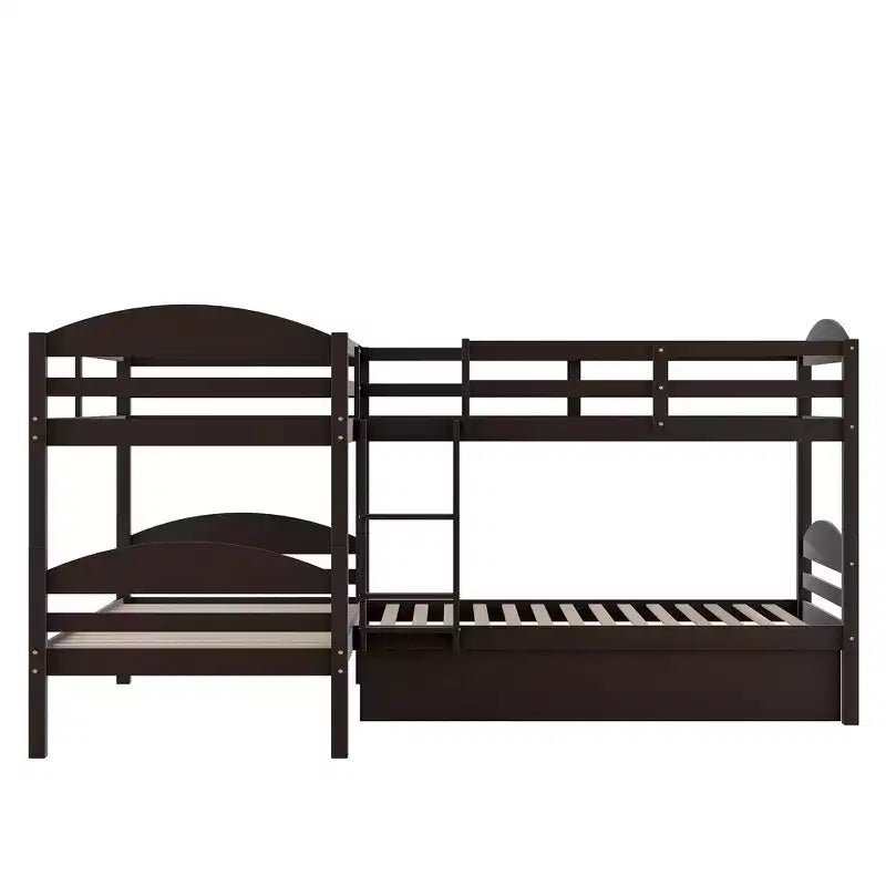 L-Shaped Twin Bunk Bed with Trundle for 4 Kids, Pine Wood Twin Size Bunk Bed Frame, Can be Separated into Two Beds