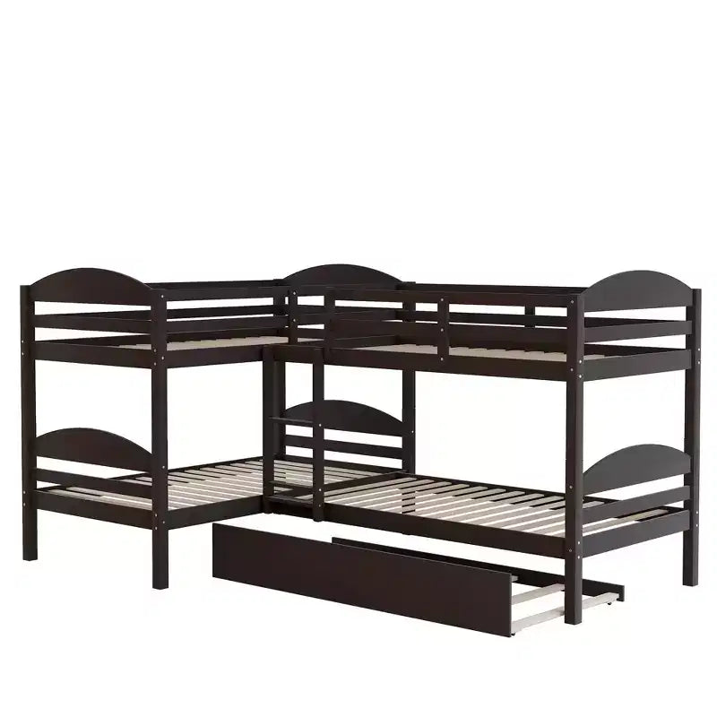 L-Shaped Twin Bunk Bed with Trundle for 4 Kids, Pine Wood Twin Size Bunk Bed Frame, Can be Separated into Two Beds