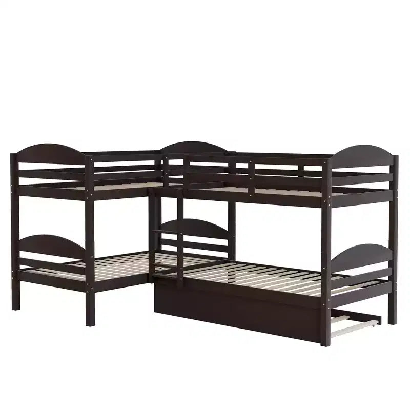 L-Shaped Twin Bunk Bed with Trundle for 4 Kids, Pine Wood Twin Size Bunk Bed Frame, Can be Separated into Two Beds