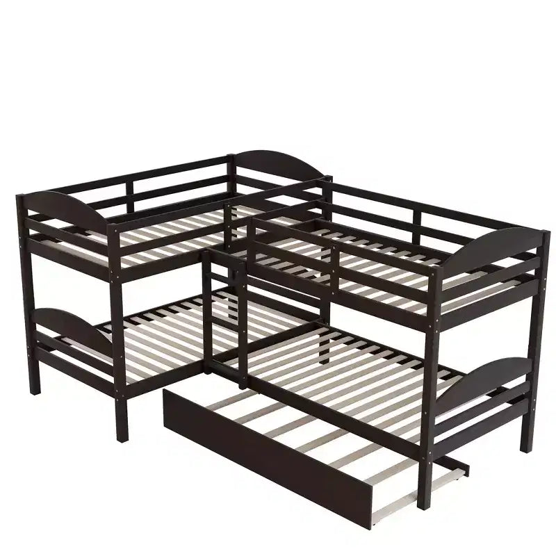 L-Shaped Twin Bunk Bed with Trundle for 4 Kids, Pine Wood Twin Size Bunk Bed Frame, Can be Separated into Two Beds