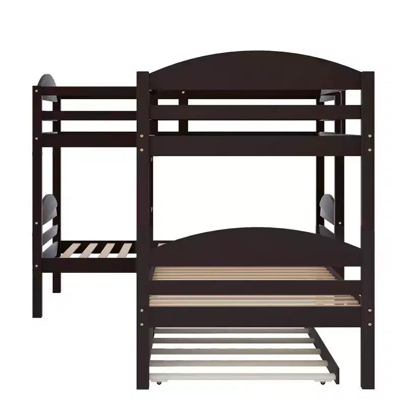 L-Shaped Twin Bunk Bed with Trundle for 4 Kids, Pine Wood Twin Size Bunk Bed Frame, Can be Separated into Two Beds