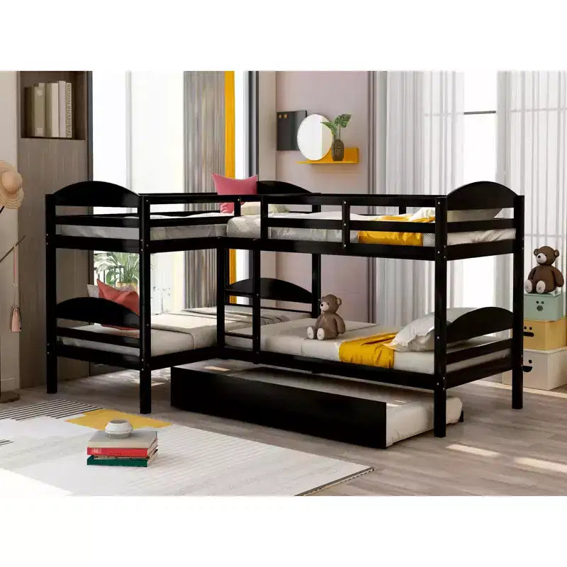 L-Shaped Twin Bunk Bed with Trundle for 4 Kids, Pine Wood Twin Size Bunk Bed Frame, Can be Separated into Two Beds