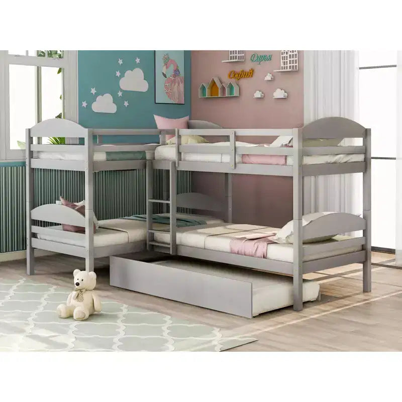 L-Shaped Twin Bunk Bed with Trundle for 4 Kids, Pine Wood Twin Size Bunk Bed Frame, Can be Separated into Two Beds